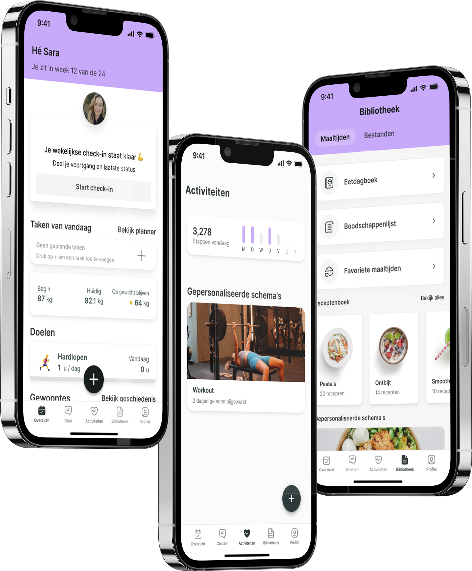 Een mockup van de coaching app die de functies laat zien.
